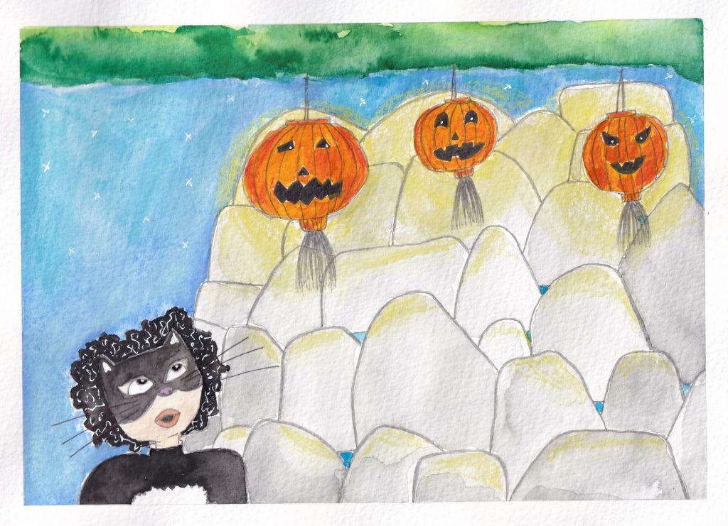 Bo has walked to the other side of the rocks and has found three lit pumpkin party lanterns. Bo is staring up at them looking in awe.