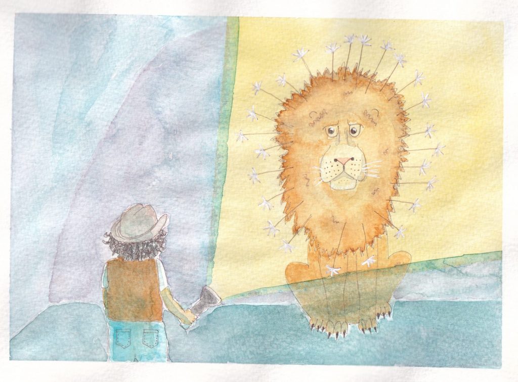 A child goes into the cave and shines a torch onto the creature only to discover a lion who has arrows sticking out of his mane.