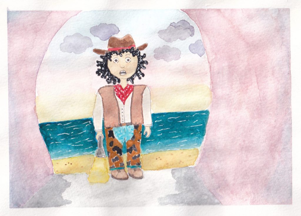 A child, dressed in a cowboy outfit is standing looking into the cave looking scared