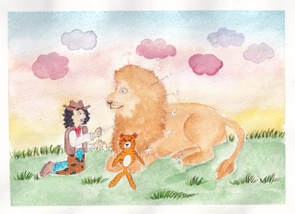 Bo sits in front of the lion removing the arrows from the lion's mane. The lion is cuddling a tiger teddy between its paws for comfort.