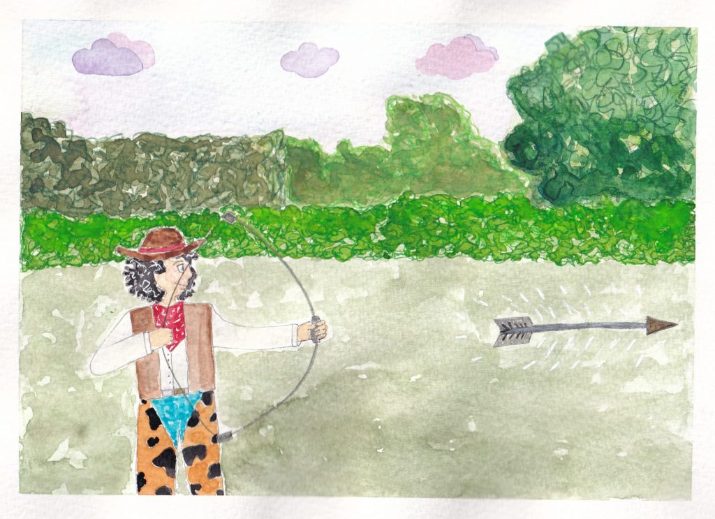 Bo is now firing their own arrows into the distance. Bow stands in a field surrounded by bushes and trees with a bow and arrow.