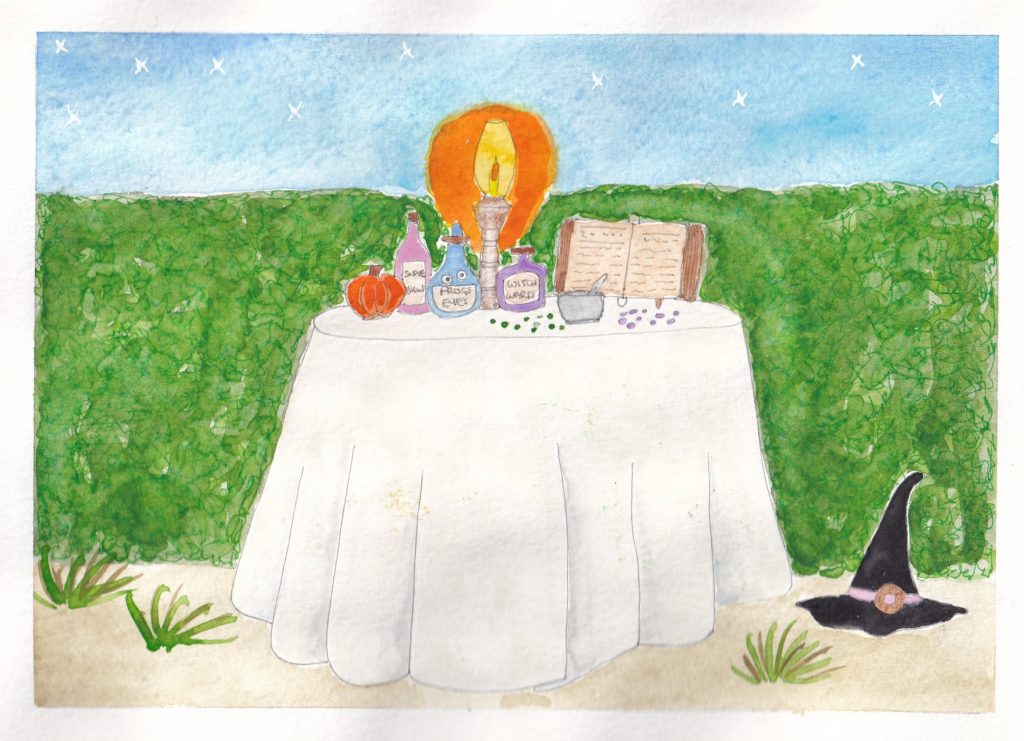 A table filled with potions, a pumpkin ornament, a pestle and mortar, a lit candle and some kind of potions book fills the page. On the floor appears to be a witches hat.